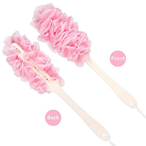Arswin 2 Pack Pink Long Handle Loofah Back Scrubber for Shower, Soft Nylon Mesh Bath Brush for Women & Men
