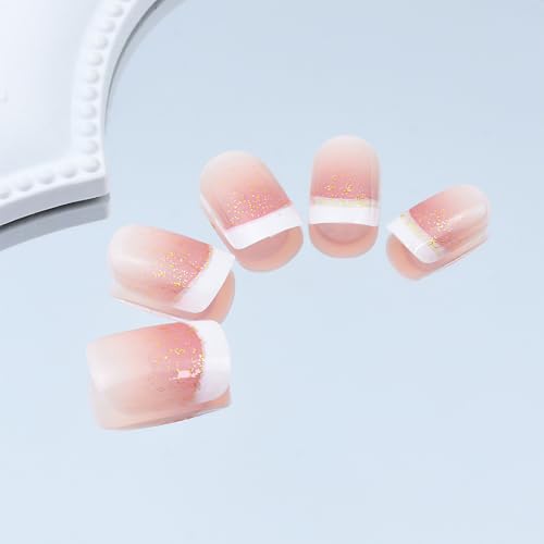 YUEJIMEIGUI Glitter French Tip Short Square Press On Nails 24pcs - Pink & Gold