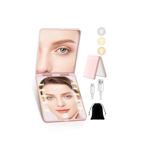 Compact Mirror, Rechargeable 30X Magnifying Mirror with 3 Lighting Modes & Dimmable Brightness, Portable Travel Makeup Mirror with Light, Essentials for Travel, Pocket, Purse Pink