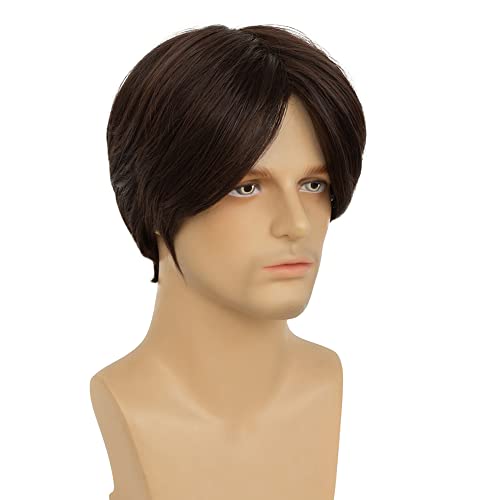 Tseses Brown Men Short Layered Wigs with Cap, Natural Look, Adjustable Size