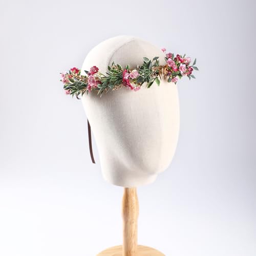 Red Flower Crown Headband with Golden Green Leaves & Pink Flowers