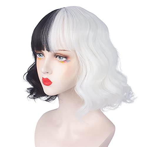 Askuang Short Curly Black and White Wig with Bangs - Synthetic Cosplay