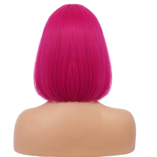 RightOn Hot Pink Bob Wig with Bangs - 12 Inch Short Straight Hair