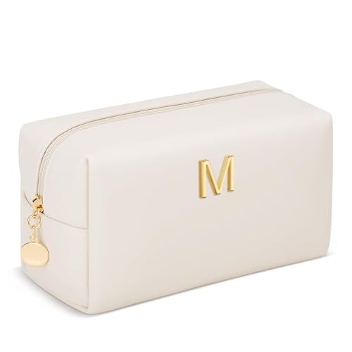 Beige Initial Makeup Bag - Personalized PU Leather Cosmetic Bag