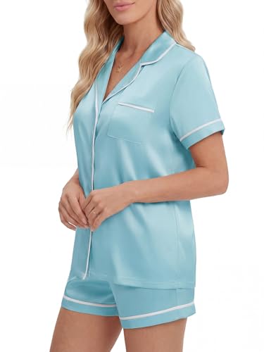 Women's Satin Pajama Set Short Sleeve Button-Down 2 Piece Sleepwear