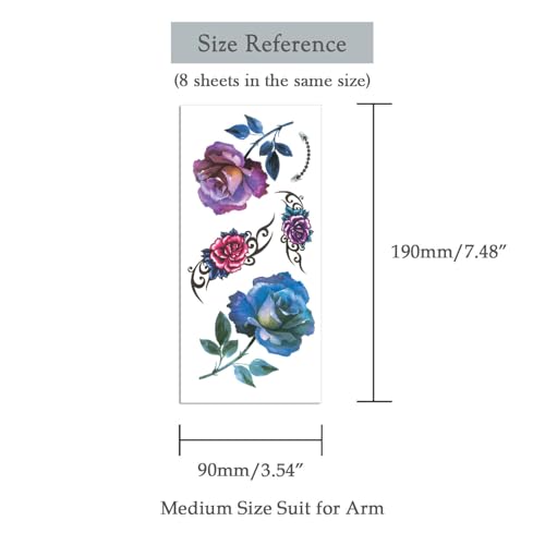 Oottati TL-A10 Waterproof Temporary Tattoo Stickers 8 Sheets - Blue, Purple, Rose, Lotus, Butterfly, Long-Lasting Arm Jewelry