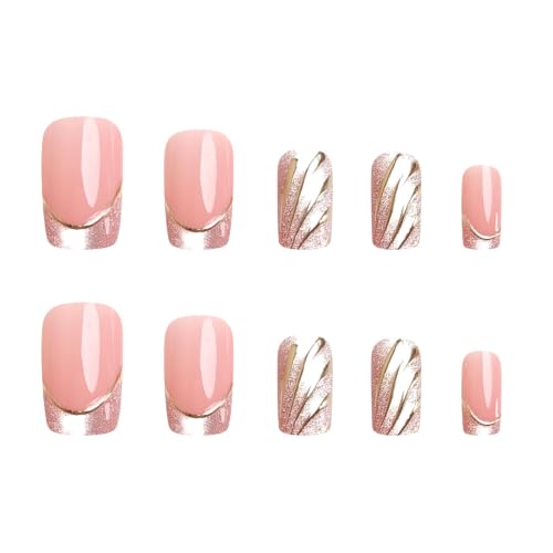Lukmexor Short Square Gold Glitter French Press On Nails with Gold Line - Variation 10
