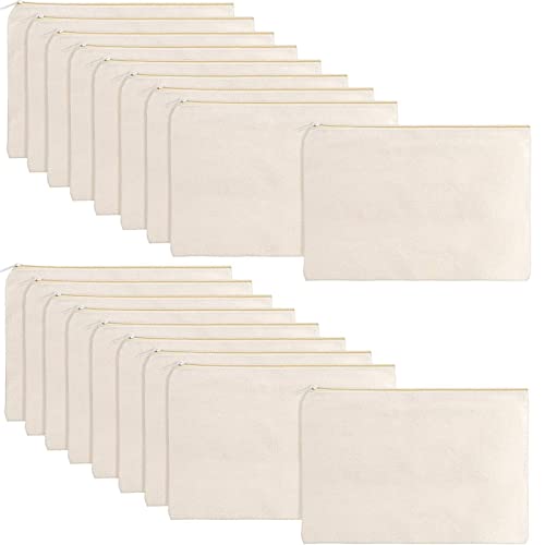 Large Pack of 16 Beige Canvas Zipper Pouches - Bulk Cosmetic & Organizer Bags