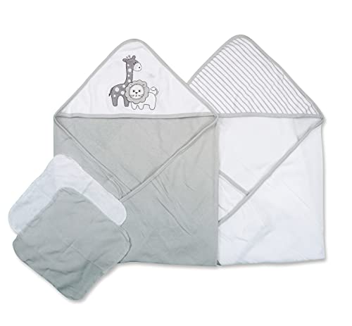 Spasilk Baby Bath Hooded Towel & Washcloth Set - Grey Lion