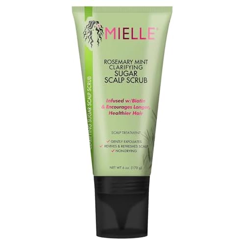 Mielle Organics Rosemary & Mint Sugar Exfoliating Scalp Scrub - Gentle Pre-Shampoo Dry Scalp Treatment for Oil & Product Buildup - Biotin Infused Non-Drying, Moisturizing Formula (6 Fl Oz)