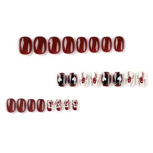 HPYFOI Spider Halloween Press-On Nails Style-4: Short Dark Red Square Reusable 24 Pcs