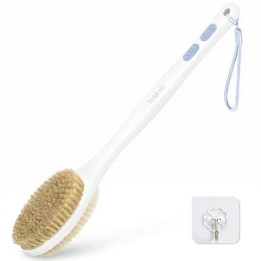 Back Scrubber for Shower with Long Handle, Exfoliating Bath Brush for Body - Double Sided Bristles (Stiff & Soft), Anti-Slip Grip, Lightweight - Gift for Seniors, Includes Lanyard & Hook, Blue