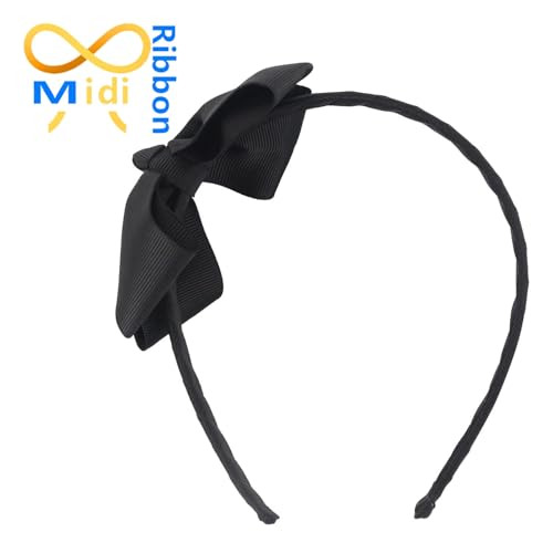 Fashion Black Bow Headband with Large Grosgrain Bow - Handmade Hair Band for Girls & Toddlers (Midi Ribbon)