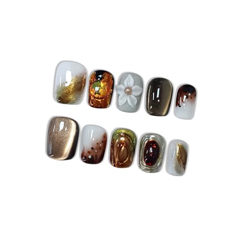 Hantyer XS Coffee Brown Cat Eye Ombre Press-On Nails with Handmade 3D Flowers & Gold Glitter - Short Square, Reusable Fake Nails for Women