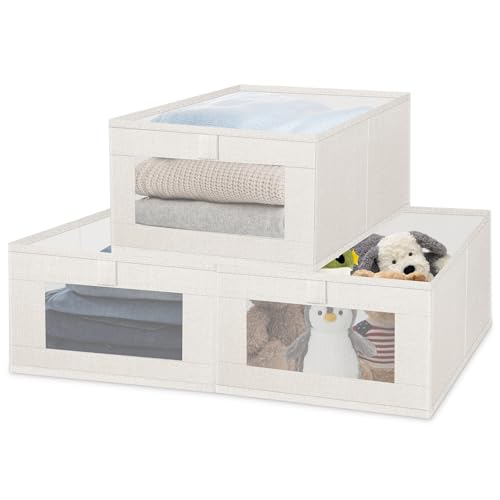 Collapsible Linen Storage Bins 3-Pack with Clear Window | Beige 16x11x7