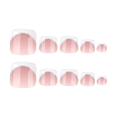 24 Pcs French Tip Press On Toenails - Short Square Glossy Nails