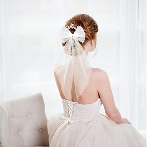 Yolev White Bridal Pearl Hair Bow Veil with Barrette for Wedding & Bridesmaid