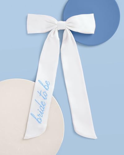 Bride to Be White Satin Hair Bow with Blue Embroidery - Perfect for Bachelorette Parties