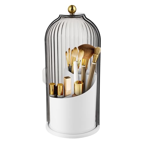 360 Rotating Makeup Brush Holder with Dustproof Lid - Grey Organizer
