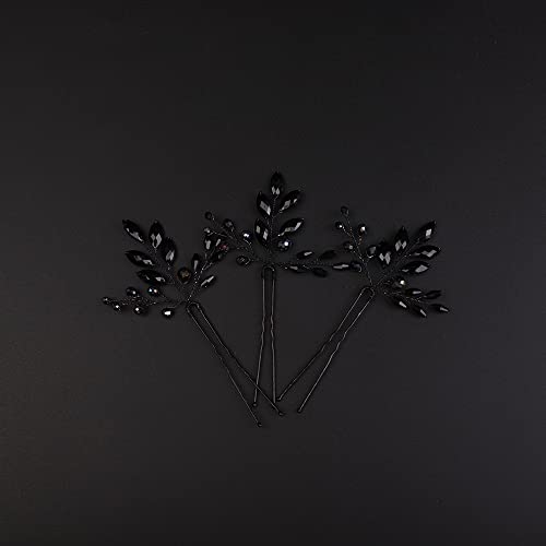 Black Rhinestone Hair Pins for Women - Wedding Crystal Accessories (3pcs)
