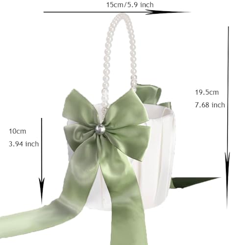 Sage Green Flower Girl Basket with Pearl Handle - Wedding Decor