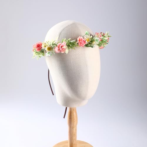 Pink Green Rose Flower Crown - Boho Floral Headband for Women