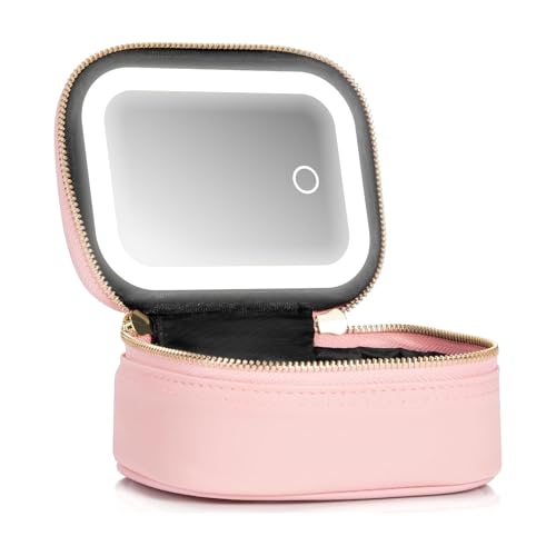 Pink Mini Makeup Bag with LED Mirror, Travel Cosmetic Organizer with 3 Light Modes