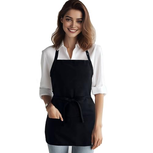 Adjustable Black Chef Apron with 3 Pockets for Women