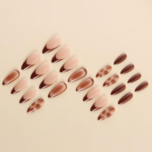 Leopard Print Almond Press-On Nails with Brown French Tips - 24 Pcs