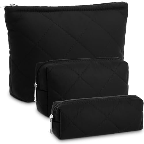 Paterr 3-Piece Black Quilted Cotton Makeup Bag Set - Foldable & Washable Cosmetic Pouches