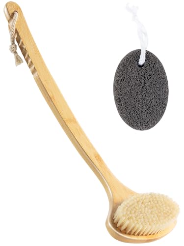 GROOMAGE Bamboo Back Scrubber - 17-Inch Curved Long Handle Bath Brush