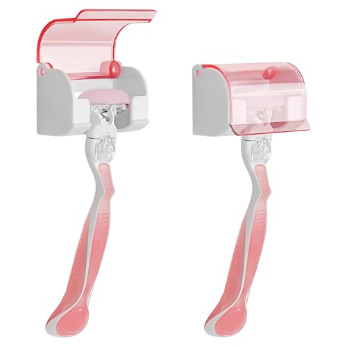 LUEXBOX 2 Pack Razor Holder with Cover for Shower Wall, Self Adhesive Razor Stand Shaver Organizer, Plastic Razor Hanger Hooks Compatible with Gillette Venus, Flamingo, BIC, Billie (Clear Pink)