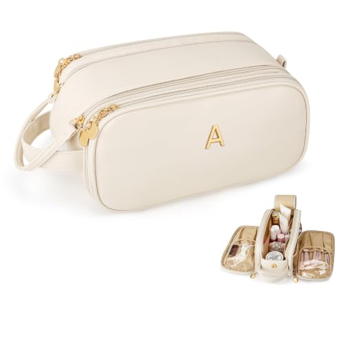 Personalized Beige Makeup Bag with Initial - Travel Toiletry Organizer