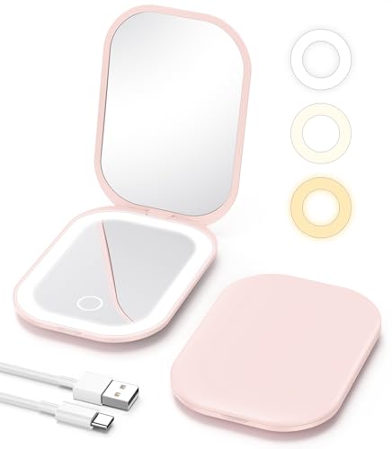 Gospire Light Pink Travel Makeup Mirror with 3X Magnification & LED Light