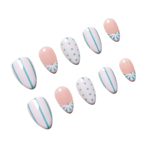 Polka Dot & Stripe French Short Almond Press On Nails MOKAYIMO 45-Day Wear Kit