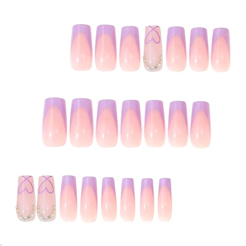 YEFIUO MQ05 Medium Square Press On Nails with Heart Rhinestones – Purple French Design 24Pcs