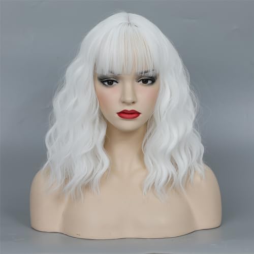 CLIONE White Short Wavy Bob Wig with Bangs for Women & Cosplay - 14 Inch Synthetic Wig