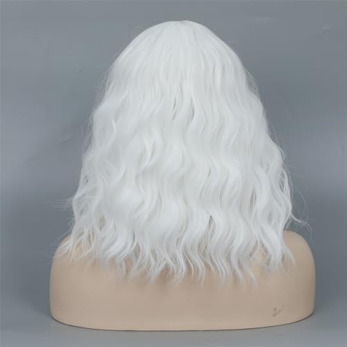 CLIONE White Short Wavy Bob Wig with Bangs for Women & Cosplay - 14 Inch Synthetic Wig