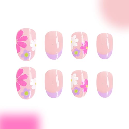 24 Pcs Almond Press On Nails with Colorful Daisy Flowers - French Tip Acrylics