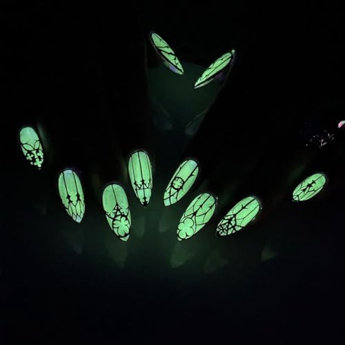 Medium Length Black Almond Press-On Nails - Glow in the Dark
