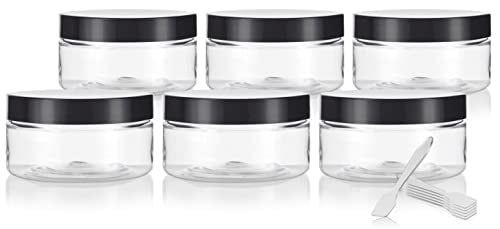 JUVITUS 8 oz Clear Plastic Wide Mouth Jars with Smooth Black Lids (6 Pack)