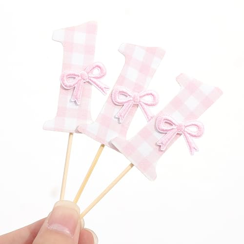 12 Pcs Pink Bow Cupcake Toppers for 1st Birthday & Anniversary