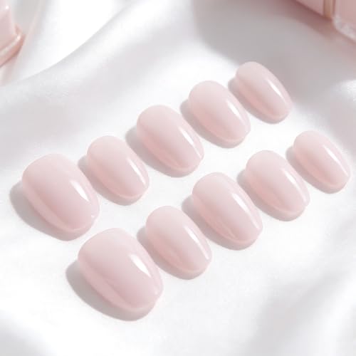 32 Pcs Translucent Pink Press On Nails - Short Oval Acrylic Set