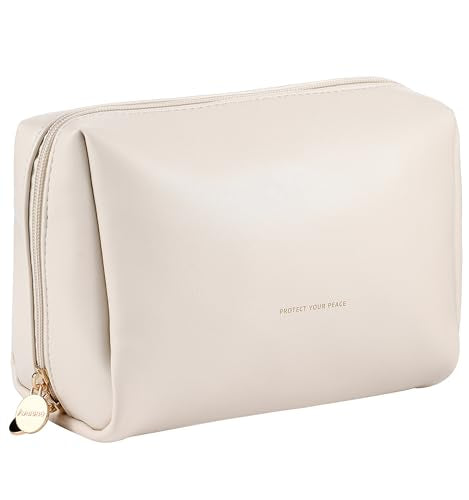 Aveniee Large Travel Makeup Bag Beige Vegan Leather Organizer with Divider