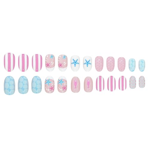 Mtruil Summer French Tip Press-On Nails Set - Designs 23, Short Almond, Pink & Blue Beach Nail Art, Reusable 24 pcs
