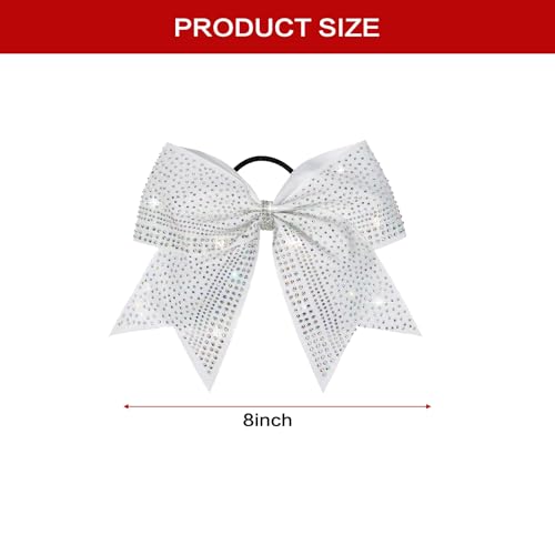 White 8-Inch Glitter Cheer Hair Bow with Rhinestones - Large Sports Pom-Pom Accessory