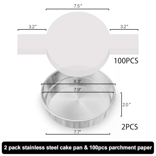 8 Inch Stainless Steel Cake Pan Set of 2 with Parchment Paper