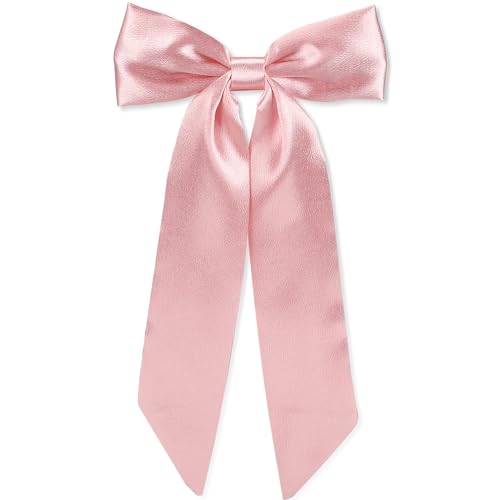 WantGor Pink Satin Long Tail Bow Hair Clips - Elegant Hair Ribbon for Women