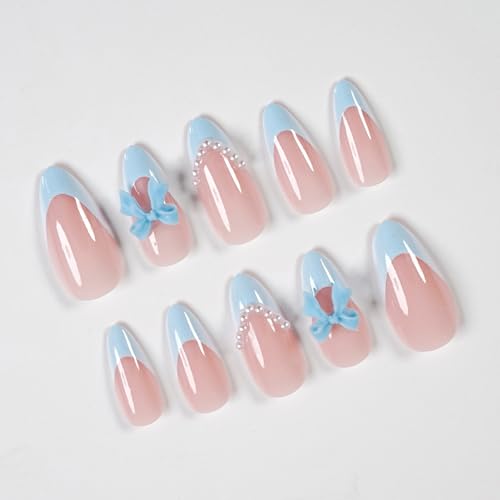 24Pcs Blue French Tip Press On Nails with 3D Bow Design