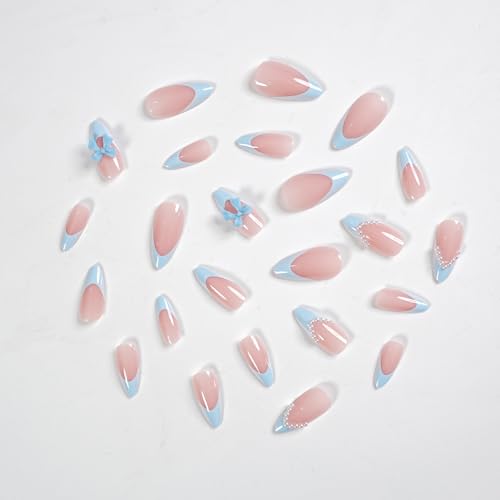 24Pcs Blue French Tip Press On Nails with 3D Bow Design